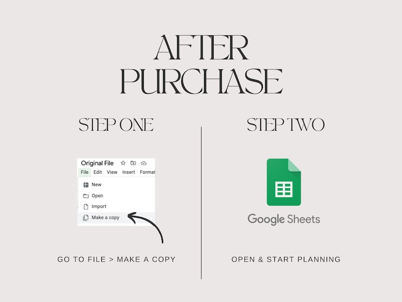 After Purchase: Step One (a screenshot of where to click) open the file and click Make a copy. Step Two (an image of the Google Sheets logo) Open and start planning