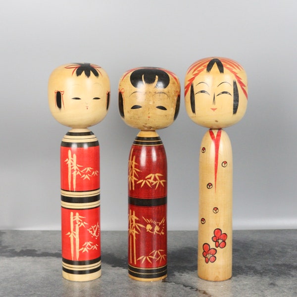 Lot de 3 poupées Kokeshi vintage art du bois japonais traditionnel cadeau d'intérieur Unique