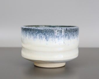 white blue Chawan vintage Japanese ceramic Matcha tea bowl pottery boho minimalist home decor
