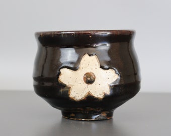 black Chawan Sakura cherry blossoms vintage Japanese ceramic Matcha tea bowl pottery boho minimalist home decor