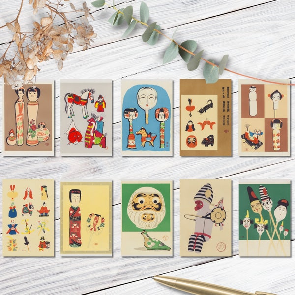 Japanese Toys Postcard set of 10 - traditional paintings vintage unique wall decoration