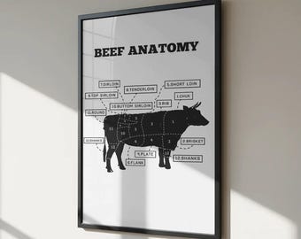 Poster d'anatomie du boeuf | Diagramme des coupes de viande | Art mural minimaliste de cuisine | Téléchargement numérique