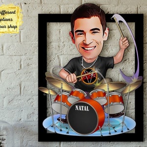 Stampa incorniciata caricatura personalizzata del batterista, ritratto del batterista dei cartoni animati da foto, regalo stampato caricatura del percussionista, regalo fotografico del batterista