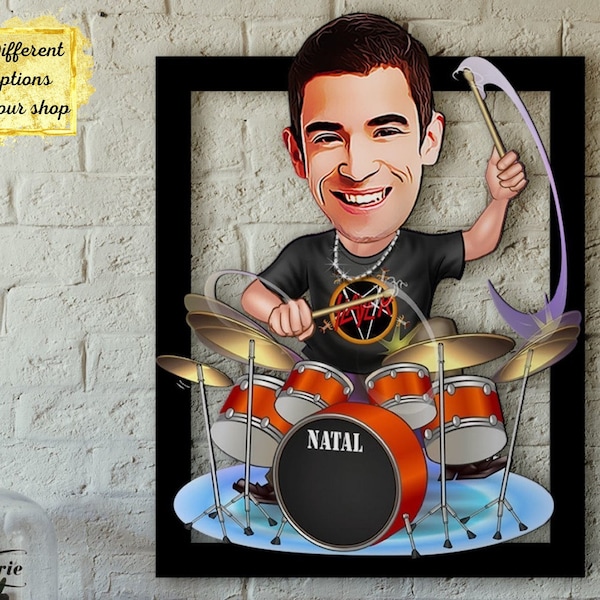 Impression encadrée personnalisée de caricature de batteur, portrait de batteur de dessin animé à partir d'une photo, cadeau imprimé caricature de percussionniste, cadeau photo de batteur