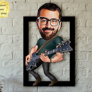 Gitarrist Cartoon nach Foto, Gitarrist Geschenk, Guitar Hero, Wandbehang für Gitarrist, Musiker Portrait, Home Deco, Geschenk für Musiker