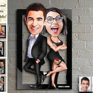 Gepersonaliseerde karikatuurportret stel, cartoonportret stel, verjaardagscadeau paar, karikatuur afdrukken houten frame, valentijnscadeau