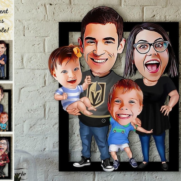 Portrait caricatural de famille personnalisé, portrait en bois de dessin animé de famille personnalisé, cadeau de famille, caricature de photo, peinture de portrait de famille