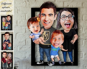 Portrait caricatural de famille personnalisé, portrait en bois de dessin animé de famille personnalisé, cadeau de famille, caricature de photo, peinture de portrait de famille