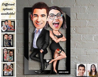 Personalized Couple Caricature Portrait, Couples Cartoon Portrait, Anniversary Couple Gift, Caricature Printing Wooden Frame, Valentine Gift