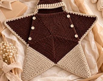 Handmade Hooded Baby Star Wrap, Brown and Beige, 0–6 Months