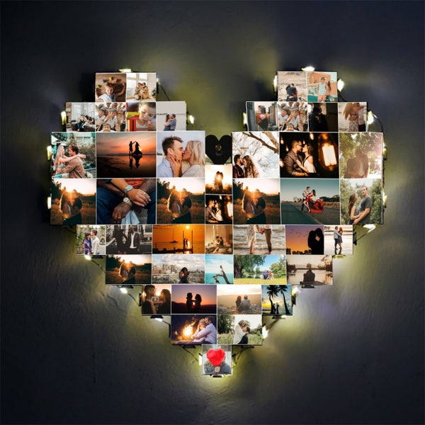 Christmas Heart Shaped Photo Collage Gift with Led Light Personalized Photo Album Gift Unique Gift for Anniversary Custom Photo Collage Gift