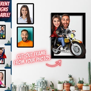 Ritratto di cartone animato di coppia di motociclisti personalizzato, foto di disegno di caricatura di coppia di motociclisti personalizzata, regalo di caricatura di coppia di motociclisti divertente