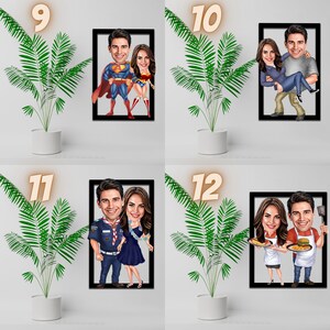 May include: Four framed cartoon illustrations of couples. The first couple is dressed as Superman and Wonder Woman. The second couple is holding each other. The third couple is dressed in scout uniforms. The fourth couple is holding a spatula and a burger.