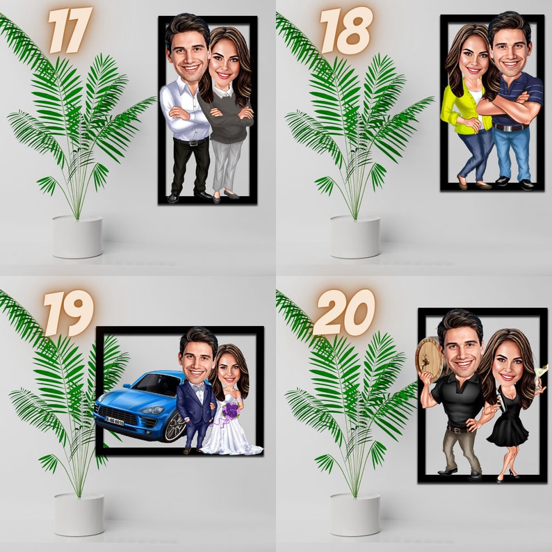 May include: Four cartoon portraits of couples in black frames. The first portrait shows a couple in casual attire. The second portrait shows a couple in casual attire. The third portrait shows a couple in formal attire with a blue car in the background. The fourth portrait shows a couple in casual attire with a man holding a barrel.