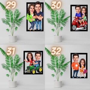 May include: Four framed cartoon illustrations of couples. The first image shows a couple standing together. The second image shows a couple riding a red scooter. The third image shows a couple driving a green tractor. The fourth image shows a couple standing together. Each image is framed in black and set against a white background.