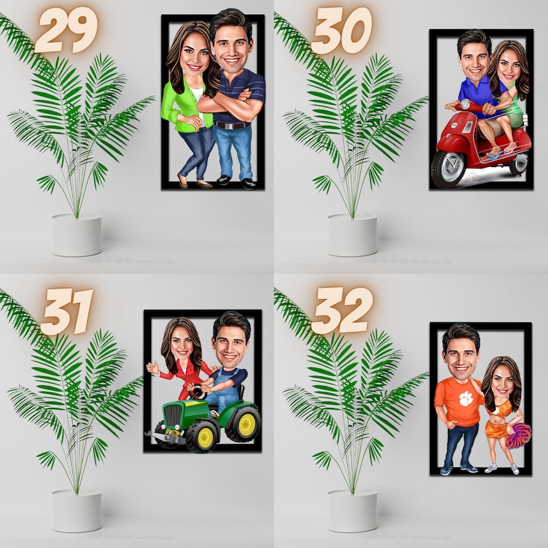 May include: Four framed cartoon illustrations of couples. The first image shows a couple standing together. The second image shows a couple riding a red scooter. The third image shows a couple driving a green tractor. The fourth image shows a couple standing together. Each image is framed in black and set against a white background.