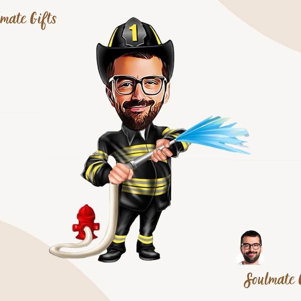 Caricature de pompier de la photo | Portrait de dessin animé de pompier personnalisé | Pompier PNG JPG | Cadeaux de retraite de pompier pour hommes | Art numérique
