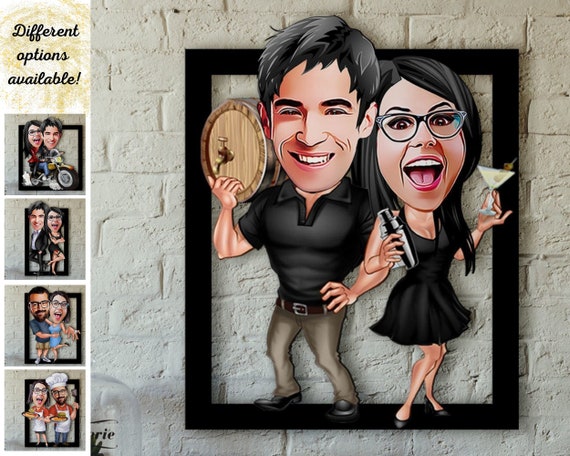 Personalized Couple Caricature Wooden Frame, Custom Photo Gift, Anniversary Wall Art