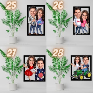May include: Four framed cartoon illustrations of couples. The first couple is holding a bottle of champagne and flowers. The second couple is wearing matching shirts with the word "Hero" on them. The third couple is holding a bouquet of flowers and a ring. The fourth couple is driving a small green tractor.