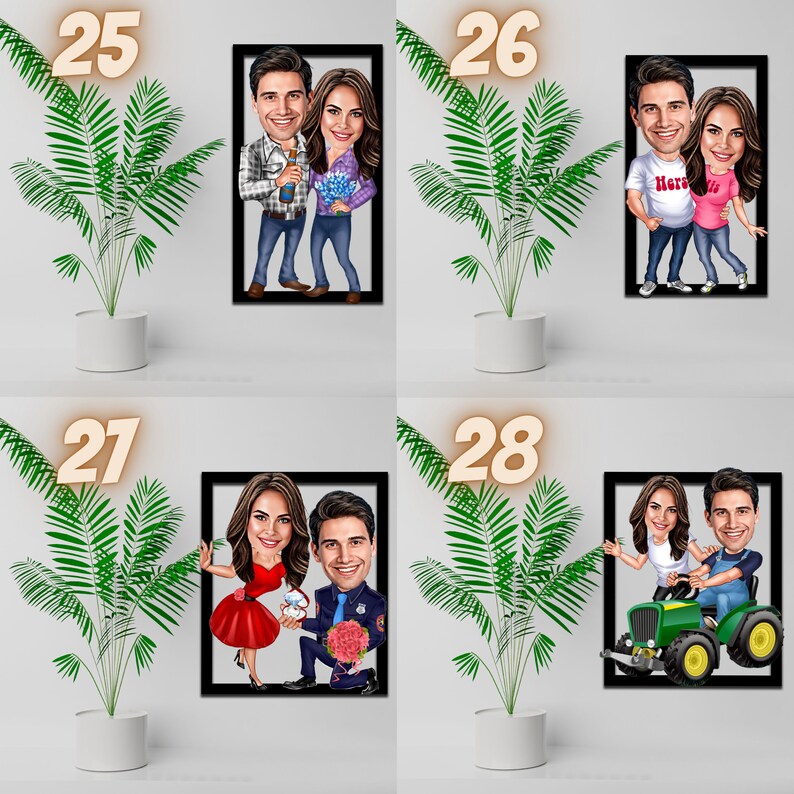 May include: Four framed cartoon illustrations of couples. The first couple is holding a bottle of champagne and flowers. The second couple is wearing matching shirts with the word "Hero" on them. The third couple is holding a bouquet of flowers and a ring. The fourth couple is driving a small green tractor.