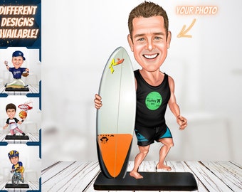 May include: A cartoon illustration of a person holding a surfboard. The person is wearing a black tank top with a green circle logo that says "Hurley" and blue swim trunks. The surfboard is white with orange and black accents. The background is white.