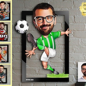 Stampa personalizzata caricatura di calciatore, regalo personalizzato per calciatore, stampa incorniciata in legno, regalo per calciatore, caricatura di calcio, arte da parete
