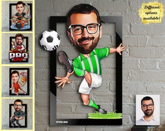 Personalized Footballer Caricature Printing, Custom Football Player Gift, Wooden Framed Print, Footballer Gift, Football Caricature,Wall Art