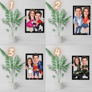 May include: Four framed cartoon illustrations of couples. The first illustration shows a couple with a man holding a bouquet of red roses and a ring. The second illustration shows a couple with a man holding a bouquet of red roses. The third illustration shows a couple with a man dressed as Superman. The fourth illustration shows a couple with a man driving an ATV.