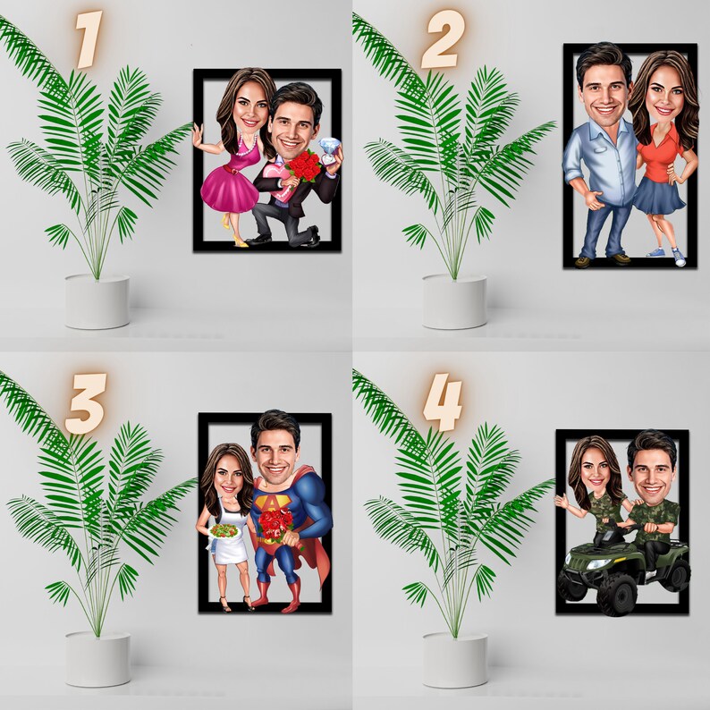 May include: Four framed cartoon illustrations of couples. The first illustration shows a couple with a man holding a bouquet of red roses and a ring. The second illustration shows a couple with a man holding a bouquet of red roses. The third illustration shows a couple with a man dressed as Superman. The fourth illustration shows a couple with a man driving an ATV.