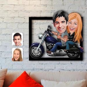 Custom Biker Couple Caricature Printed Cutout Frame Personalized Couple Motorcycle Rider Caricature Gift for Rider Couples Motorcycle Gift