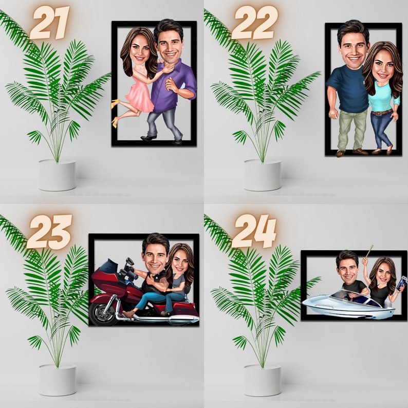May include: Four framed cartoon illustrations of couples. The first image shows a couple dancing. The second image shows a couple standing side by side. The third image shows a couple riding a motorcycle. The fourth image shows a couple riding a boat.