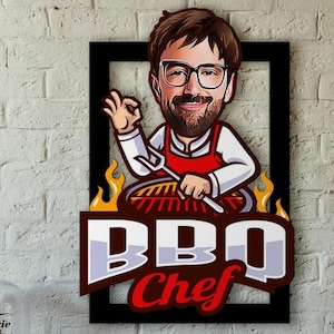 Personalisierte BBQ Chef Karikatur Portrait Grill Cartoon Bild Fotodruck auf Rahmen Grill Grill Chef Karikatur Bild Geschenke Chef Shirt
