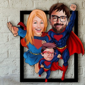 Benutzerdefinierte Familienkarikatur gerahmter Druck, Superheldenfamilie, Digital Art Schöpfer, personalisierte Karikatur, digitales Porträtgeschenk, Fotobearbeitung