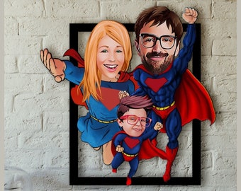 Modifica personalizzata di immagini di supereroi di famiglia, Super papà, Ritratto personalizzato di supereroe, Foto di cartoni animati di supereroi, Arte di supereroi, Modifica di fumetti fotografici