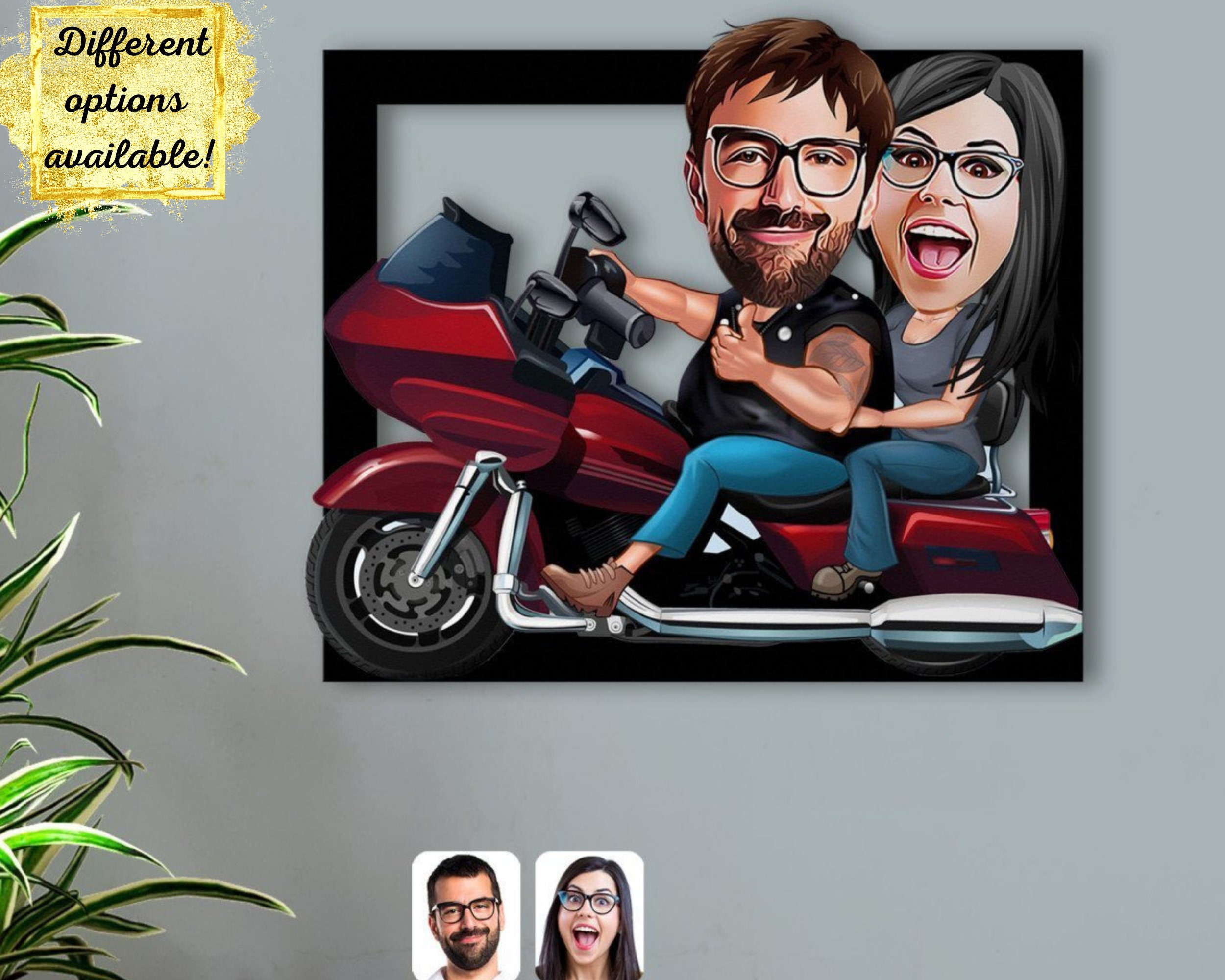 Personalized Biker Couple Caricature Framed Print, Biker Gifts, Digital Caricature Art, Couple Gift, Anniversary Couple Gift, Biker Couple