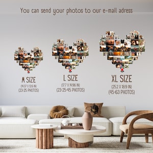 May include: Three different sizes of photo collage heart-shaped wall art. The sizes are M, L, and XL. The M size is 14.37 inches by 12.6 inches and holds 23-25 photos. The L size is 17.7 inches by 14.96 inches and holds 23-25-45 photos. The XL size is 25.2 inches by 18.9 inches and holds 45-63 photos.