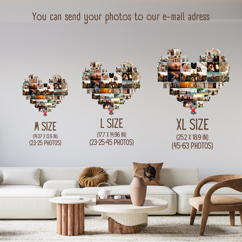 May include: Three different sizes of photo collage heart-shaped wall art. The sizes are M, L, and XL. The M size is 14.37 inches by 12.6 inches and holds 23-25 photos. The L size is 17.7 inches by 14.96 inches and holds 23-25-45 photos. The XL size is 25.2 inches by 18.9 inches and holds 45-63 photos.