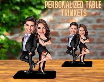 Personalized Couple Caricature Figurine, Custom Wooden Tabletop Gift for Anniversary