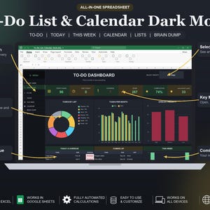 Puede incluir: Una interfaz de hoja de cálculo digital titulada To-Do List & Calendar Dark Mode. El panel presenta un tema oscuro con un gráfico de anillos colorido, gráficos de barras y listas de tareas. Las etiquetas resaltan la navegación y las métricas clave.