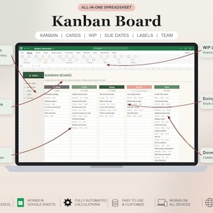Op de afbeelding: Een digitaal Kanban-bord spreadsheet sjabloon weergegeven op een scherm, met kolommen voor Backlog, To Do, Doing, Review en Done. De interface bevat labels voor WIP-limieten, kaartdetails en navigatiemenu's voor projectbeheer.
