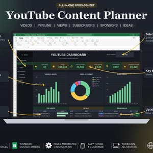 Puede incluir: Una hoja de cálculo digital YouTube Content Planner mostrada en la pantalla de una computadora portátil. La interfaz presenta un panel oscuro con gráficos de barras verdes, un gráfico circular colorido y métricas de vistas, suscriptores e ingresos. Las etiquetas de texto resaltan la navegación, las vistas mensuales, las métricas clave y las secciones de planificación de video.