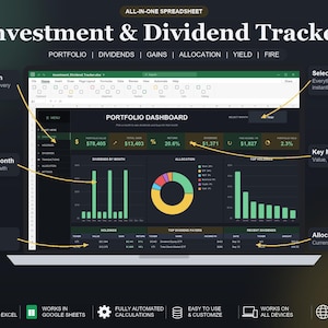 Könnte beinhalten: Eine Investment- und Dividenden-Tracker-Tabelle auf einem Laptop-Bildschirm. Das Dashboard verfügt über ein dunkles Design mit einer Portfolio-Zusammenfassung, Balkendiagrammen für monatliche Dividenden, einem Kreisdiagramm und einer Tabelle.