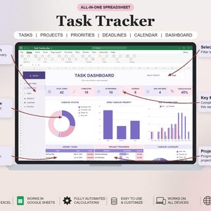 Könnte beinhalten: Eine All-in-One-Aufgabenverfolgungs-Tabelle auf einem Bildschirm, mit einem Dashboard für Aufgaben, Kennzahlen, einem Donut-Diagramm, Balkendiagrammen und Projektfortschrittstabellen. Die Benutzeroberfläche verwendet violette und rosa Akzente.