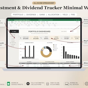 Könnte beinhalten: Eine digitale Investment- und Dividenden-Tracker-Tabelle auf einem Bildschirm. Das Dashboard enthält eine Portfolio-Zusammenfassung, Balkendiagramme für monatliche Dividenden und Bestände, ein Kreisdiagramm zur Allokation sowie Tabellen für Dividenden-Zahler.