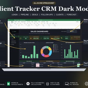 以下が含まれることがあります： ダークモードのクライアントトラッカーCRMスプレッドシート。緑とダークグレーの配色で、販売ダッシュボードが表示されています。インターフェースには主要な指標、ステージ別のパイプライン、ドーナツグラフ、およびオープンな取引のリストが含まれています。