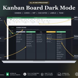 Könnte beinhalten: Ein digitales Kanban-Board als Tabellenkalkulation im Dark Mode auf einem Laptop-Bildschirm. Die Benutzeroberfläche zeigt Spalten für Backlog, To Do, Doing, Review und Done, mit gelben Pfeilen, die auf verschiedene Funktionen und Beschriftungen hinweisen.