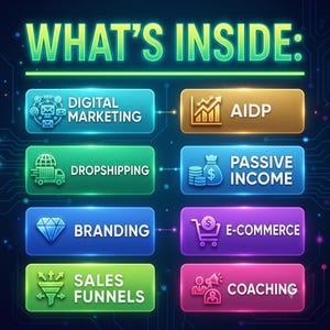 May include: A digital graphic titled WHAT'S INSIDE: featuring eight glowing rectangular buttons with icons and text: DIGITAL MARKETING, AIDP, DROPSHIPPING, PASSIVE INCOME, BRANDING, E-COMMERCE, SALES FUNNELS, and COACHING on a dark blue circuit board background.