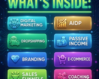 May include: A digital graphic titled WHAT'S INSIDE: featuring eight glowing rectangular buttons with icons and text: DIGITAL MARKETING, AIDP, DROPSHIPPING, PASSIVE INCOME, BRANDING, E-COMMERCE, SALES FUNNELS, and COACHING on a dark blue circuit board background.