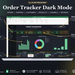 Pode incluir: Uma planilha de rastreamento de pedidos tudo-em-um em modo escuro, com um painel de controle exibindo métricas de pedidos, receita e envio. A interface inclui gráficos de barras, um gráfico de pizza e tabelas de produtos e clientes principais, com etiquetas para navegação e seleção mensal.