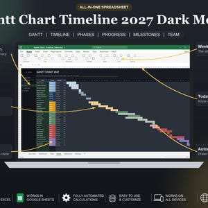 May include: A digital Gantt Chart Timeline 2027 spreadsheet in dark mode displayed on a laptop screen. The interface features color-coded phase bars, task details, and navigation tabs. Text labels highlight features like easy navigation and automatic bars.